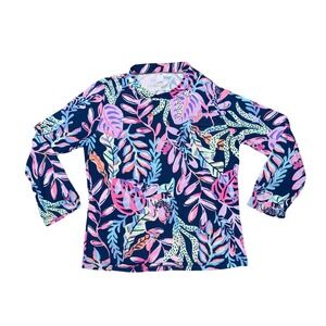 Lilly Pulitzer Rash Guard Kids 12 Navy Pink Tropical Leaf Long Sleeve Good